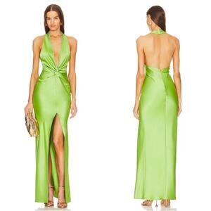 Silky Lime Green Halter Maxi Dress with Twist Front